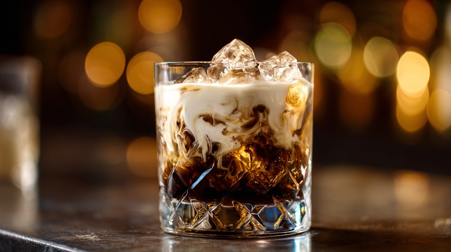 White Russian im Tumbler mit Sahneschlieren über Eiswürfeln