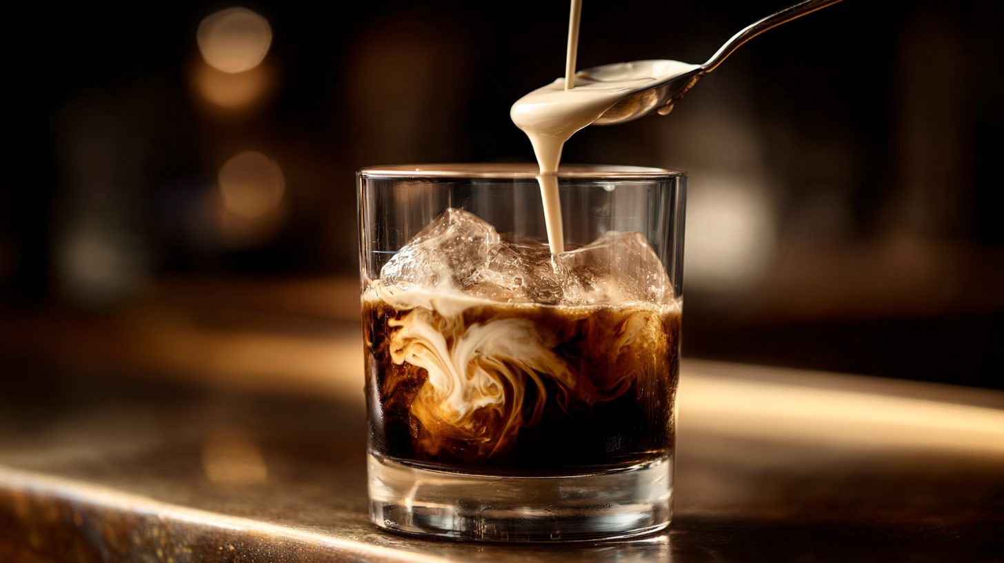 Sahne wird langsam über die Rückseite eines Barlöffels auf den Drink gegossen