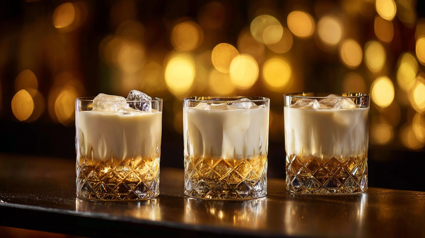 Drei White Russians nebeneinander mit unterschiedlich dicker Sahneschicht